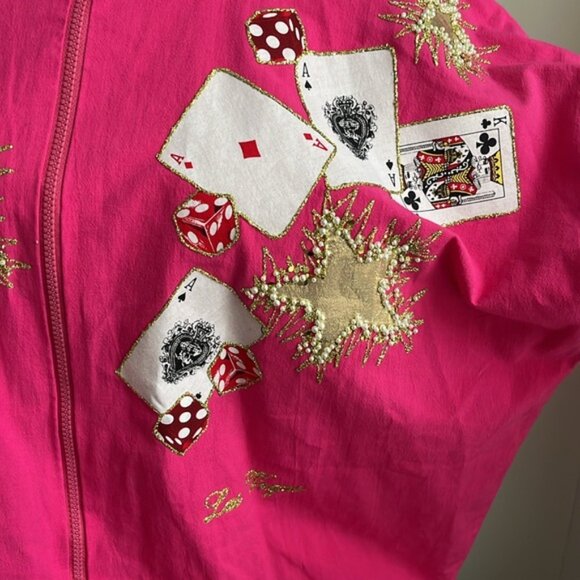 VINTAGE COTTON LAS VEGAS BOMBER JACKET WITH PLAYING CARDS FABULOUS APPLIQUÉS - Picture 3 of 10
